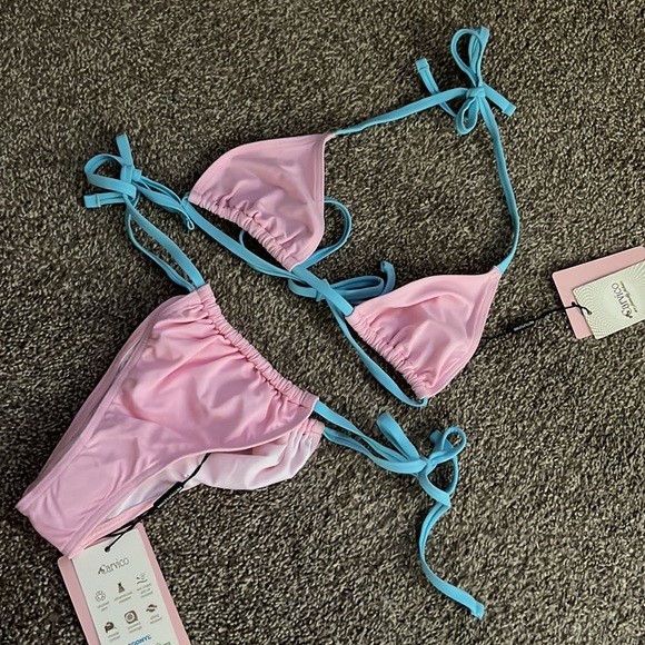 PrettyLittleThing Pink Blue Tie Side Contrast Bikini Set Triangle Top Bottom PLT - Picture 3 of 3